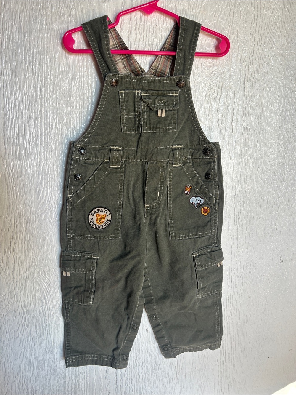 Kids Olive Green Safari Patch Overalls